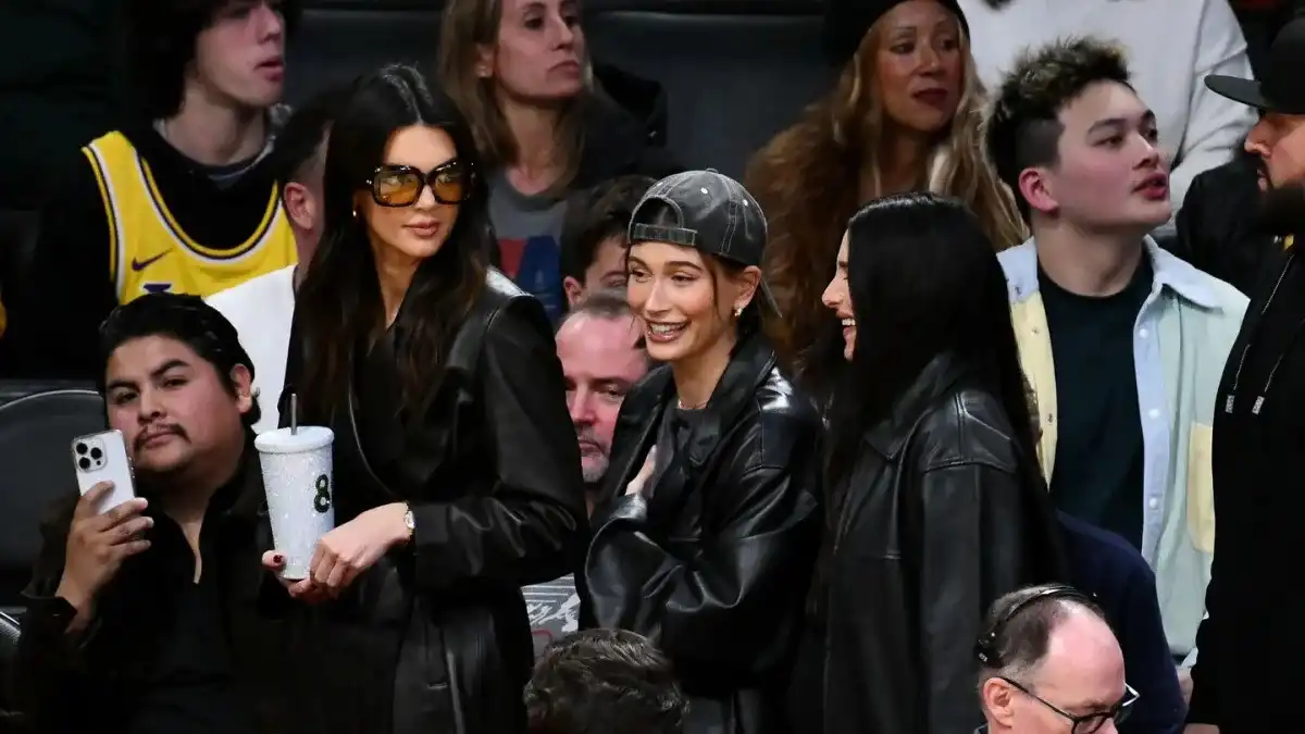 Kendall and Hailey Leather Trench Coats Lakers Game Court Side