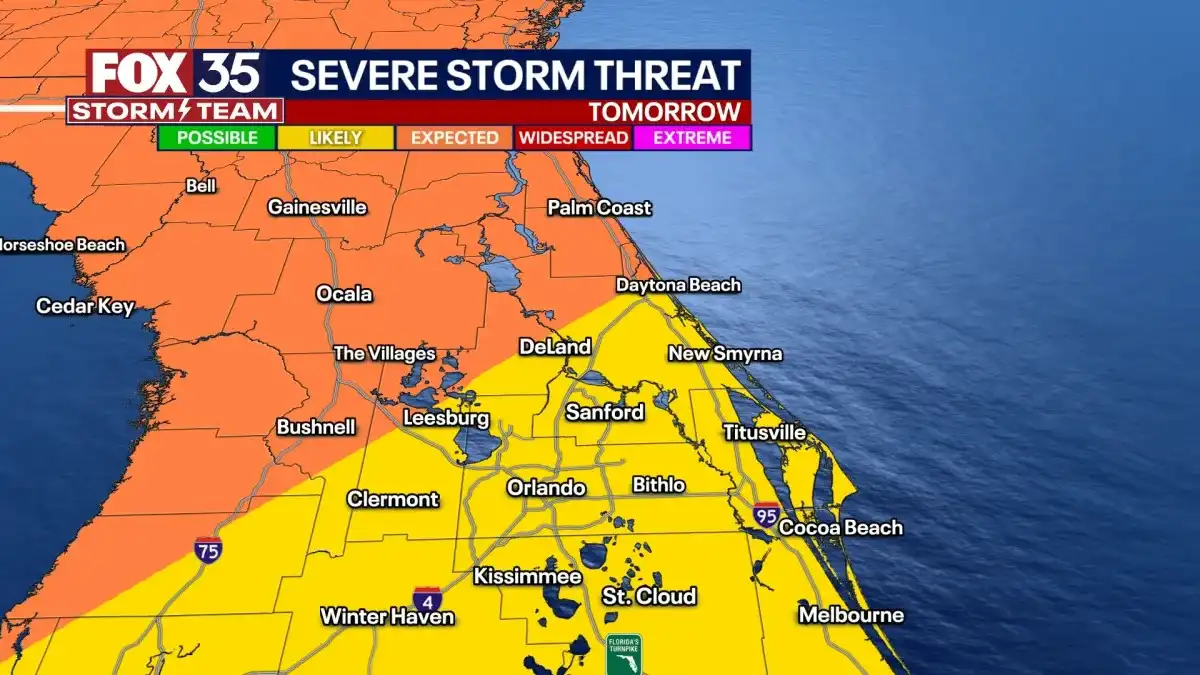 Severe storms, damaging winds, heavy rain, tornadoes Central Florida - Orlando weather prediction